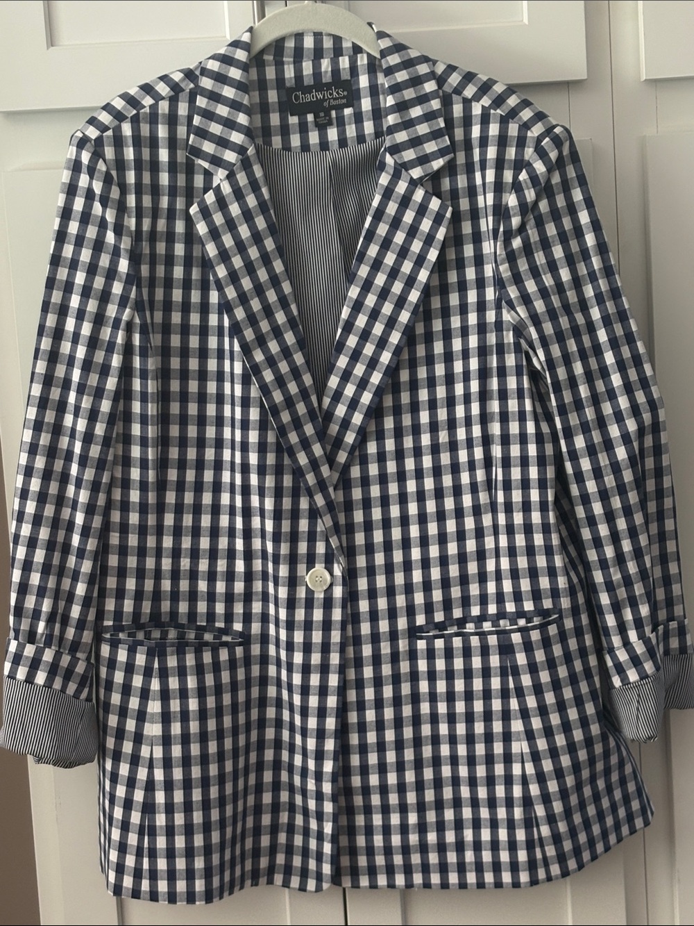 NWOT - Chadwicks Navy & White Gingham Single-Button Blazer